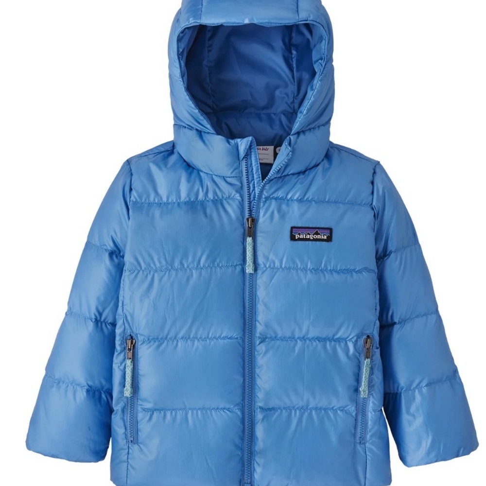 Patagonia Hi-Loft Down Sweater Hoody in light blue, size 6-12 months